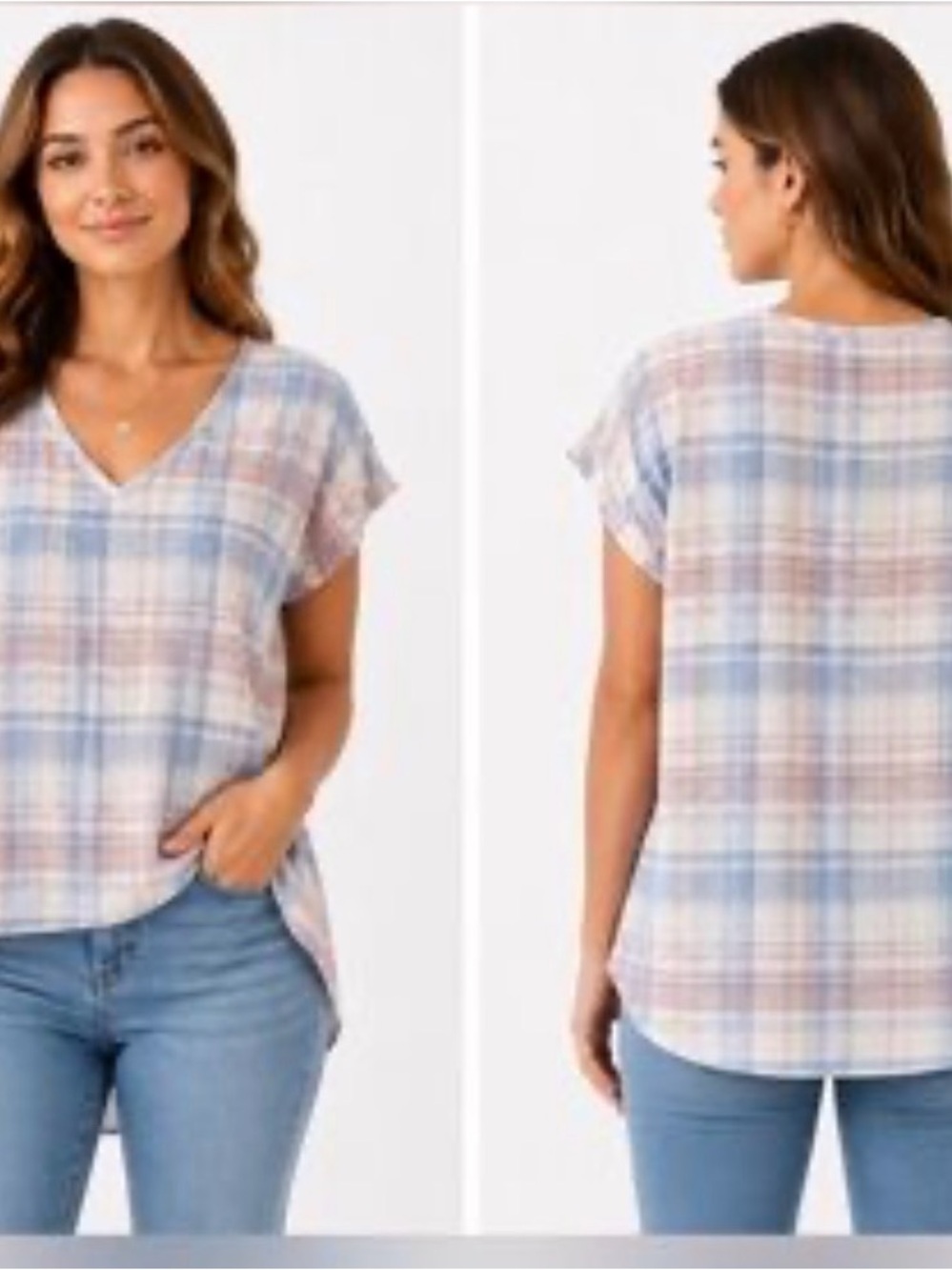 cloth & stone Short Sleeve Plaid V-Neck Top - Blue & Pink